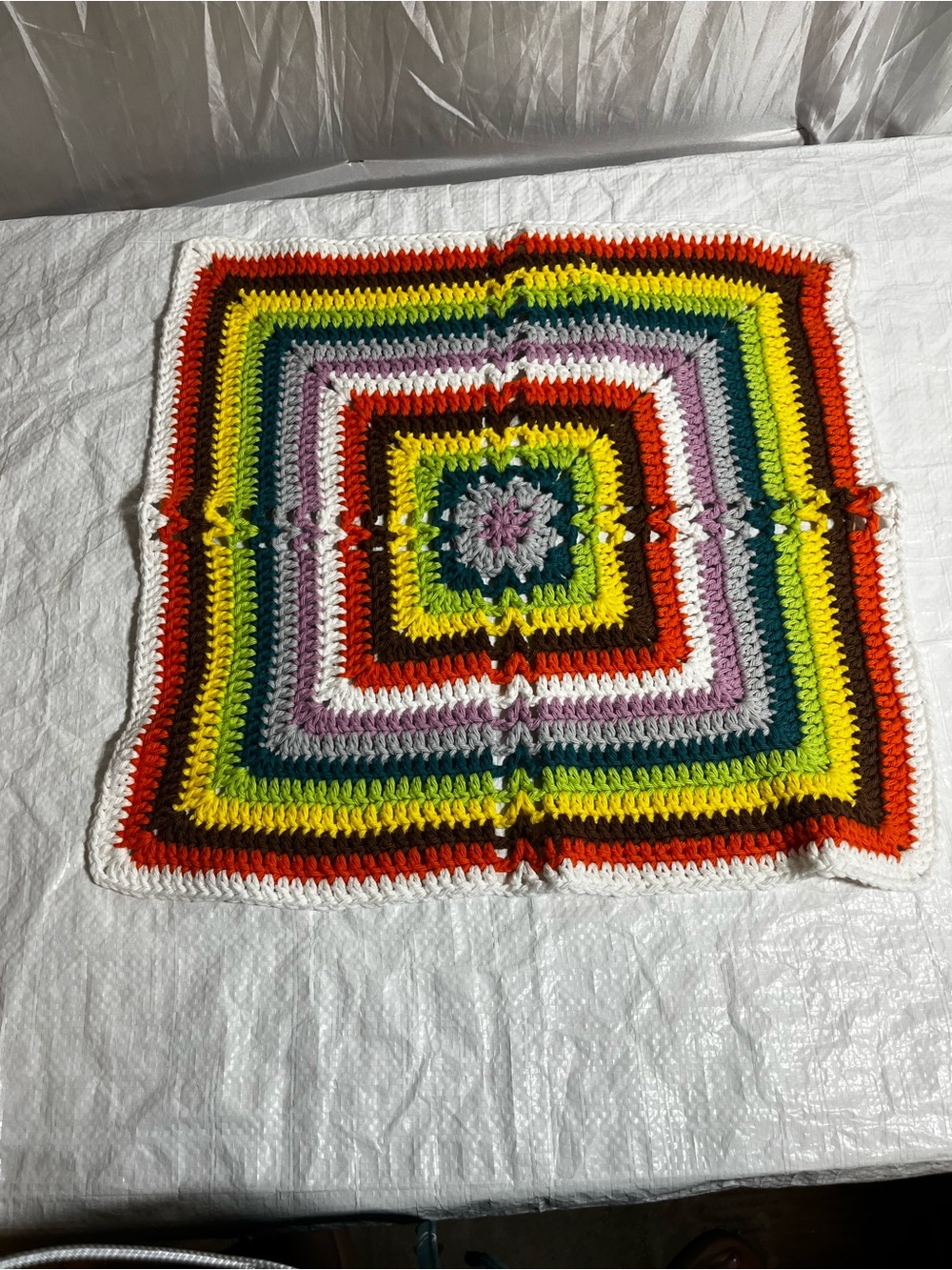 Handmade Multicolor Crochet Square Accent - White Trim